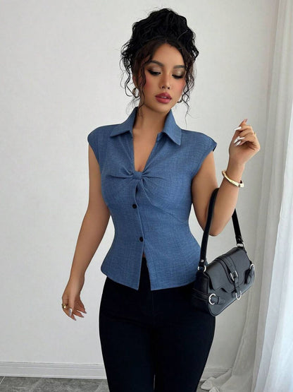 Women's Slim-fit Sleeveless Blouse With Pleats Elegant Top