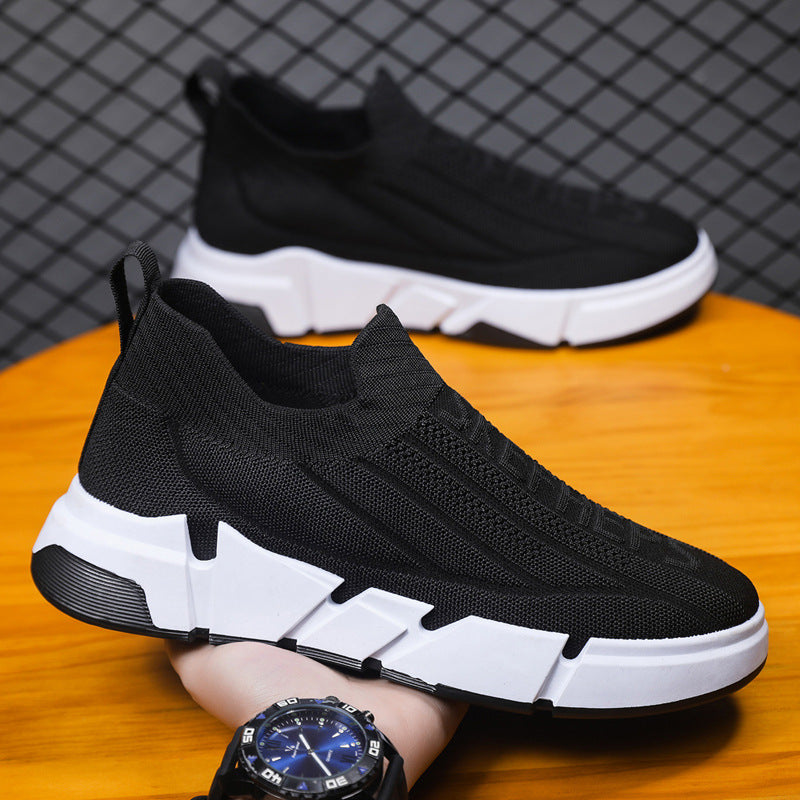 Spring Men's Casual Sports Shoes With Flyknit Mesh Upper And Sock Cuffs - Slip-on