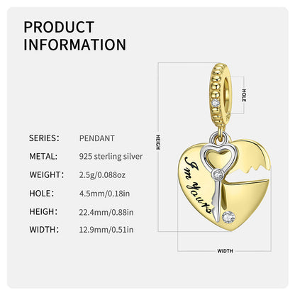 Heart Lock Key S925 Sterling Silver Pendant Valentine's Day Gift Bracelet Diy Accessories Beads