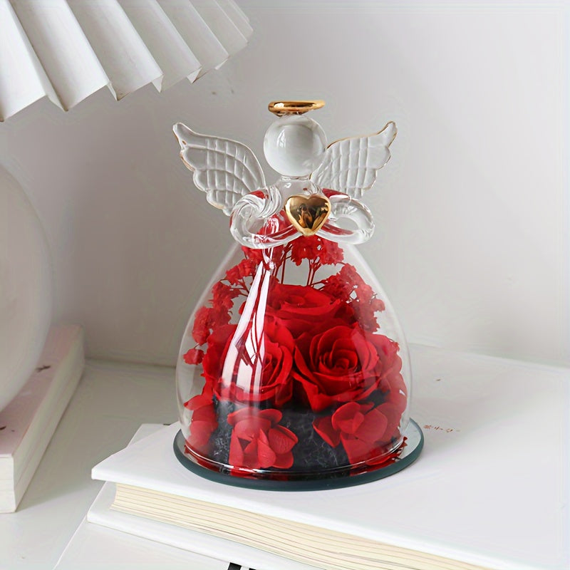 Eternal Red Roses in Glass Dome, 10.21cm x 7.49cm, Angel Statue with Red Roses, Romantic Valentine's Day, Christmas, Thanksgiving, Mother's Day, Graduation Gift, Love, Forever Flower Display, Home Decor