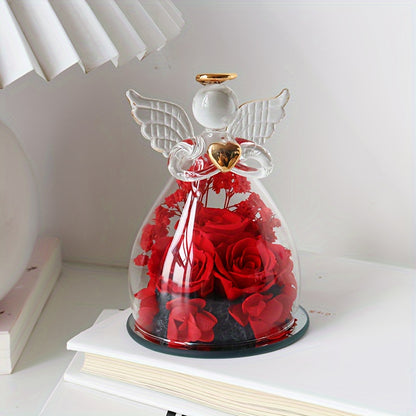 Eternal Red Roses in Glass Dome, 10.21cm x 7.49cm, Angel Statue with Red Roses, Romantic Valentine's Day, Christmas, Thanksgiving, Mother's Day, Graduation Gift, Love, Forever Flower Display, Home Decor