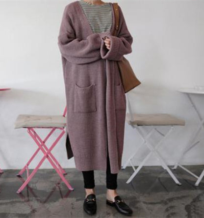 Women's Mid-length Crimped Solid Color Lazy Loose Knit Long-sleeved Sweater Coat