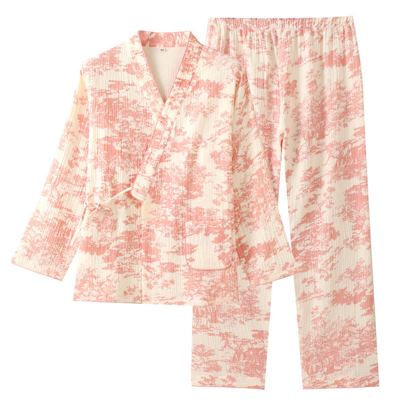 Pure Cotton Gauze Lace-up Long Sleeve Trousers Elegant Cotton Homewear Suit