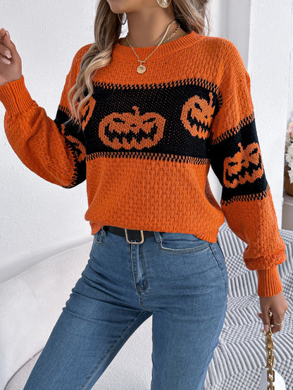 Women Pumpkin Head Color Block Long Sleeve Pullover Sweater