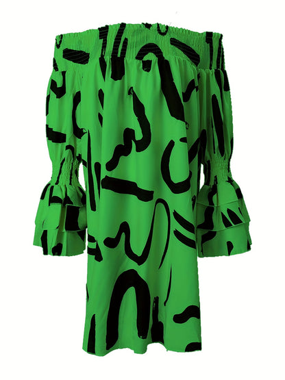 Off Shoulder Letter Print Dress - Casual Long Sleeve Women's Dress | Michan Direct