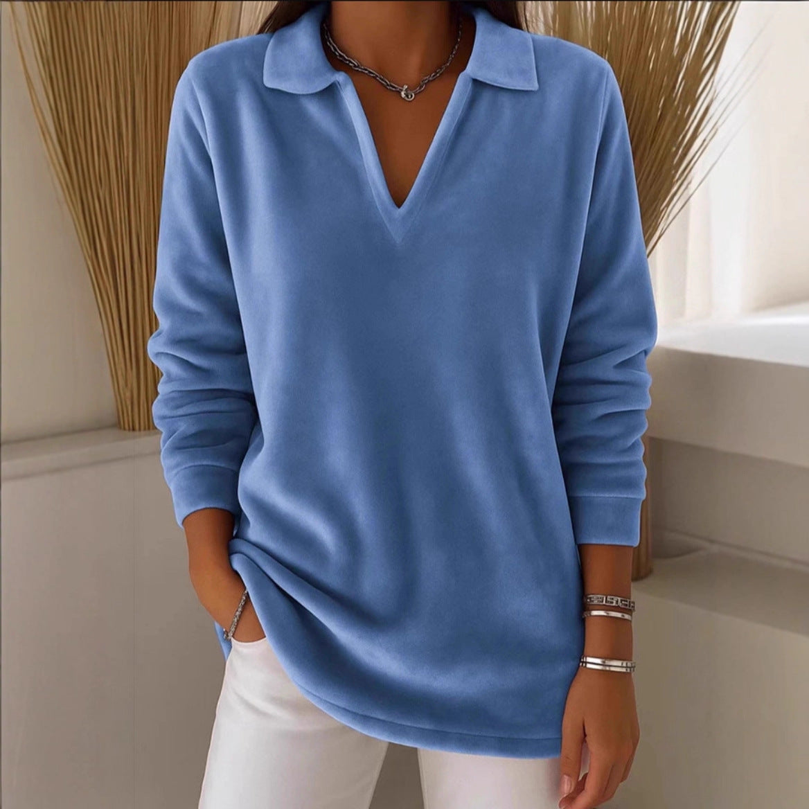 Solid Color Velvet Relaxed Fit Casual Long Sleeve Top