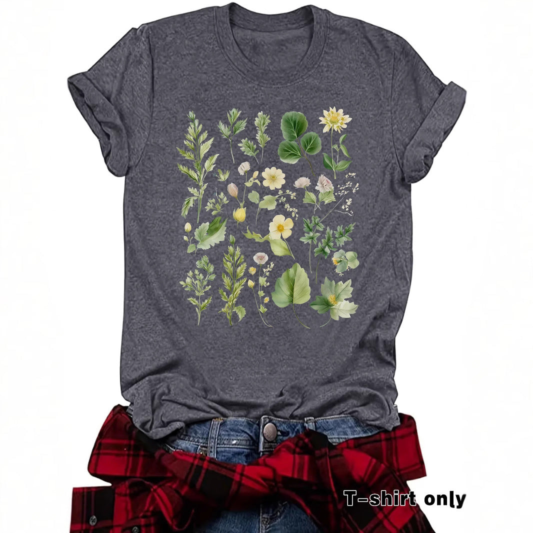 Fashionable Loose-fitting Casual Short-sleeve Top With Floral Print