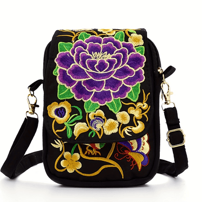 [Embroidered Crossbody] Lightweight Crossbody Bag | Women's Embroidered Mini Shoulder Bag with Detachable Strap - Floral Geometric Embroidery Design, Zipper Closure, Compact, Polyester Lined Interior (Navy/Purple/Red/Black)
