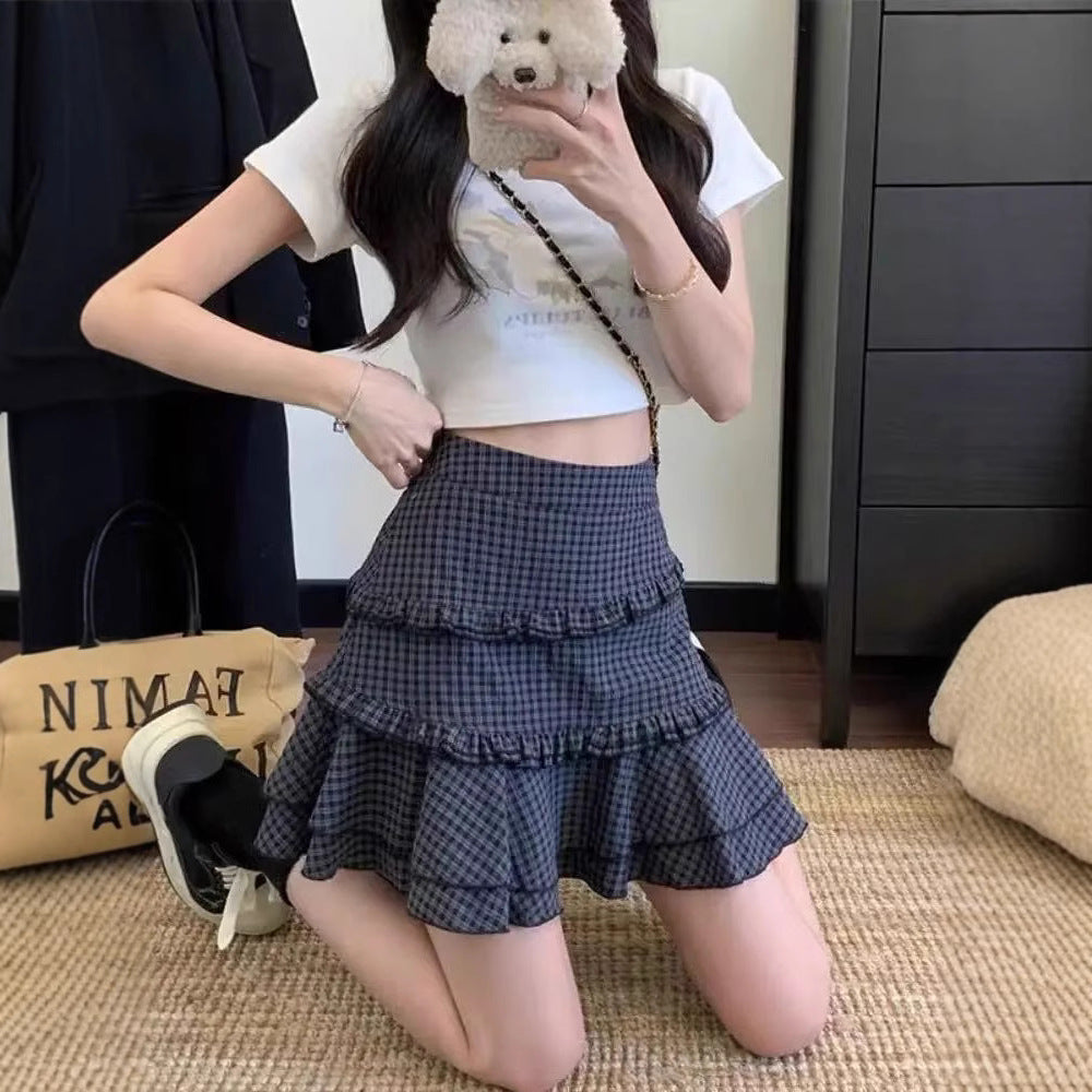 Retro plaid design, ruffled high-waisted A-line mini skirt
