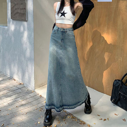 Women's Frayed Denim Skirt Retro Blue