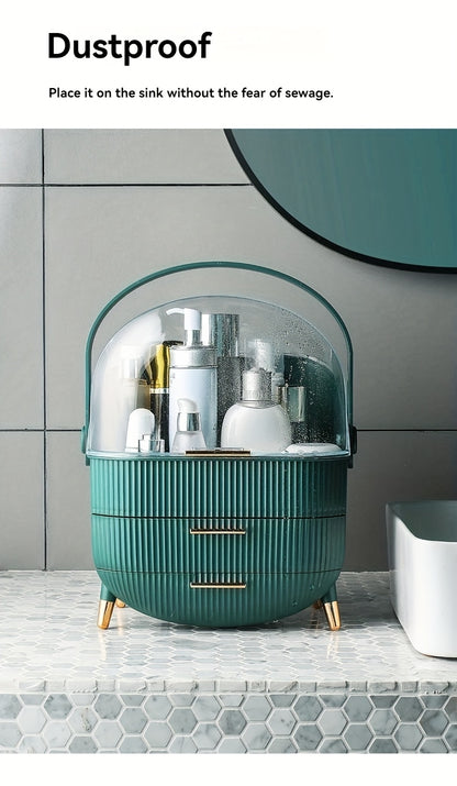 1pc Plastic Cosmetic Storage Box, Lightweight, Tension Mount, Multi-functional with Cover & Drawer, Waterproof & Dust-proof, for Bathroom & Desktop Makeup Organizer