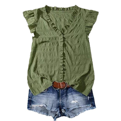 New Women's V-neck Ruffled Short-sleeve Blouse Loose-fit Figure-flattering Top With Lace Detailing