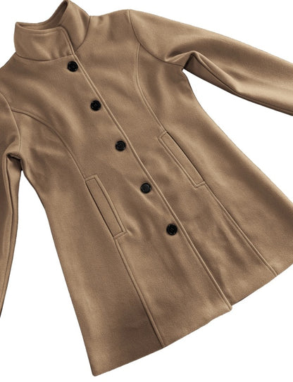 Women's Casual Tweed Coat - Solid Color Mid-Length H-Silhouette Button Front Long Sleeve