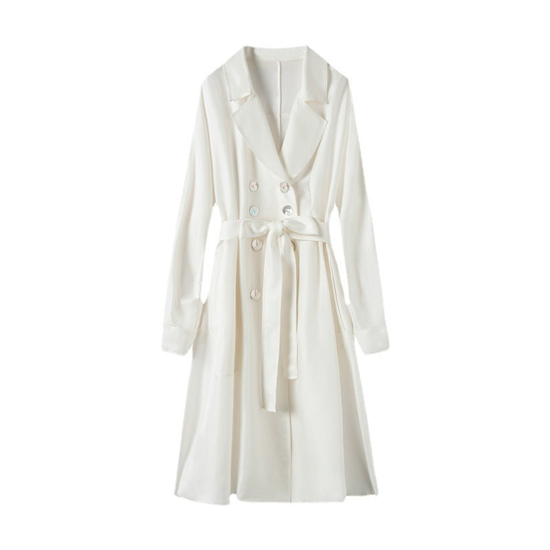 Women's Over-the-Knee Mid-Length Trench Coat with Silk Waist Belt - Elegant Winter Coat