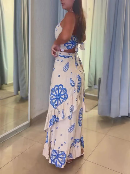 Holiday Cashew Flower Print Sling Ruffle Skirt Set