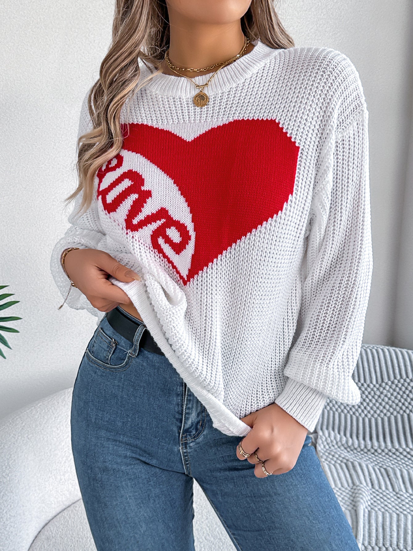 Women Casual Color Block Heart LOVE Long Sleeve Pullover Sweater