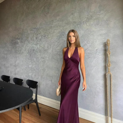 Satin V-neck Backless Bow-tied Mermaid Long Dress