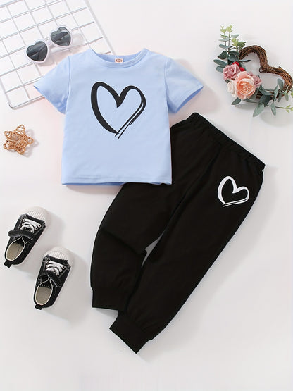 Girls' Fashion Set: Heart Print Round Neck Short Sleeve T-Shirt & Sweatpants 2pcs Casual Cotton Outfit, Perfect for Outdoor