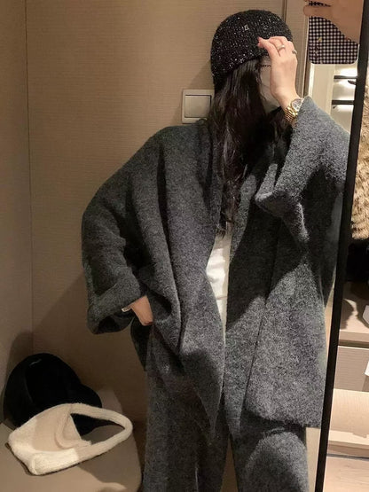 Knitted Women's Loose Sweater Cardigan Wide Leg Pants Two-piece Set