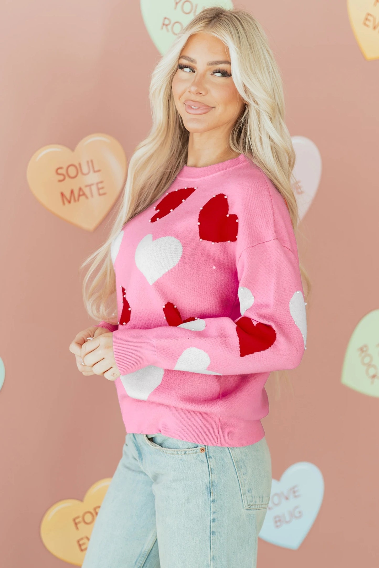 Women's Fashionable And Versatile Heart-Print Crew-Neck Knitted Top