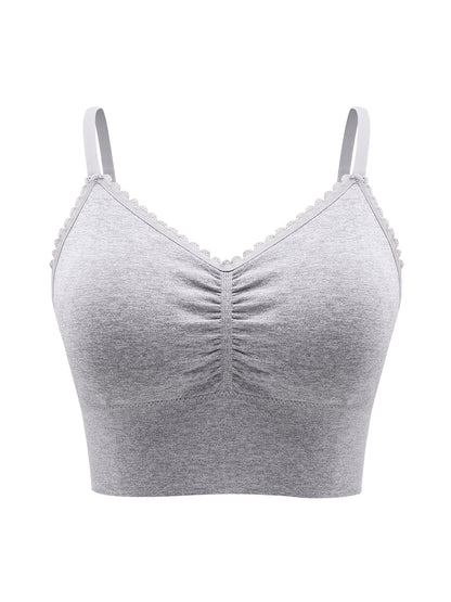 Women'S Plus Size Lace Wireless Bralette, Solid Color Polyamide 90% Elastane 10% Knit Fabric, High Stretch Comfort Full Coverage Sleep Bra, Removable Padding, Breathable Lingerie