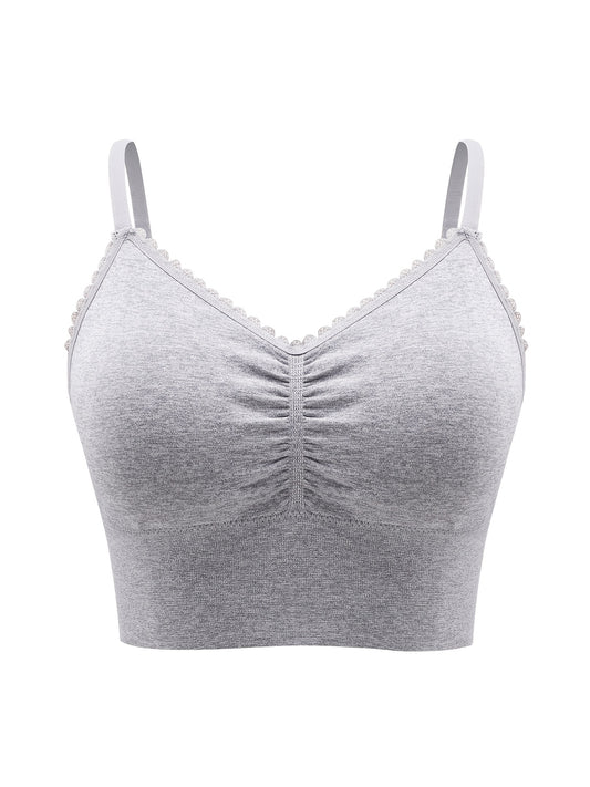 Women'S Plus Size Lace Wireless Bralette, Solid Color Polyamide 90% Elastane 10% Knit Fabric, High Stretch Comfort Full Coverage Sleep Bra, Removable Padding, Breathable Lingerie
