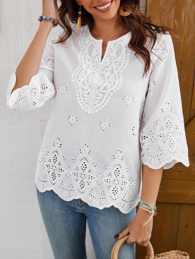 Lace-trimmed V-neck Springsummer New Arrival Three-quarter-sleeve Blouse