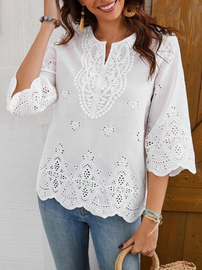 Lace-trimmed V-neck Springsummer New Arrival Three-quarter-sleeve Blouse