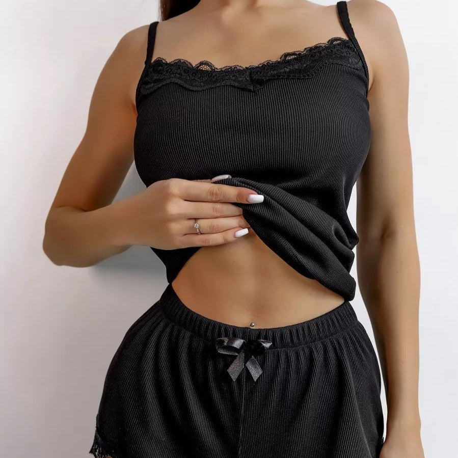 Women's Lace-trimmed Ribbed Camisole And Shorts Pajama Set
