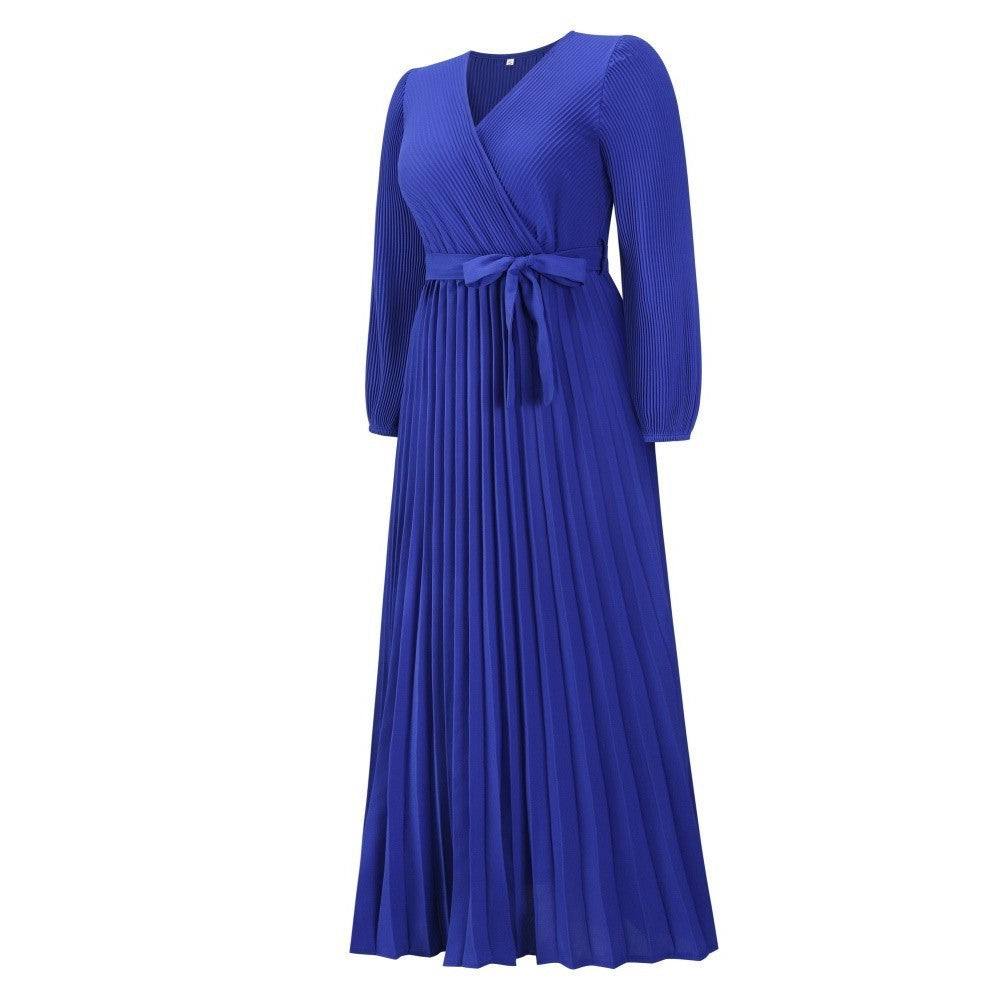 V-neck Long Sleeve Pleated A- Line Mid-length Dress