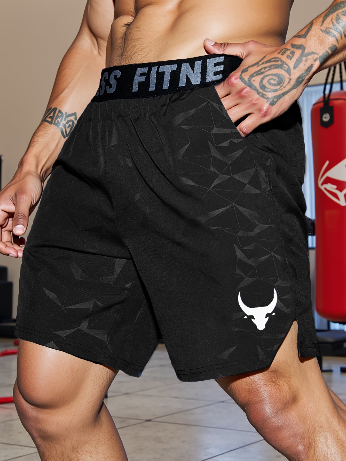 Men's "S's FINE" Athletic Shorts - Gray, Quick-Dry Polyester with Geometric Pattern, Elastic Waistband, Ideal for Running & Workouts, Machine Washable
