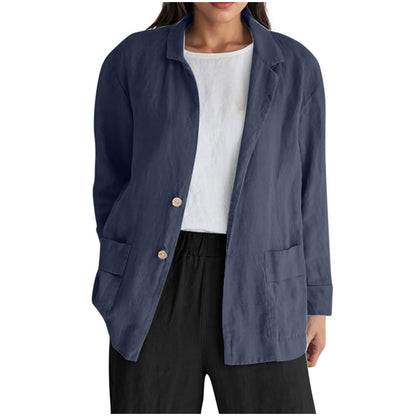 Loose-fit Solid-color Long-sleeve Cotton-linen Coat With Buttons For Women