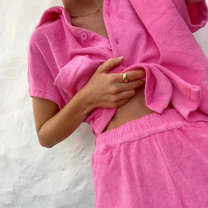 Women's Solid-Colored Single-Breasted Loose-Fitting  Fashionable Casual Homewear Set