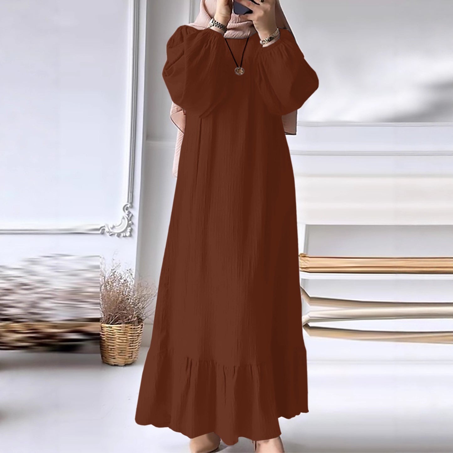 Fashion Solid Color Round Neck Ruffled Long Sleeve Dress