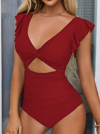 V Neck Ruched One Piece Swimsuit with Flattering Ruffle Accent - Stylish Cut Out Back Buckle Detail & High Cut Leg - Premium Womens Swimwear Bathing Suit