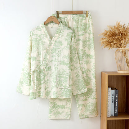 Pure Cotton Gauze Lace-up Long Sleeve Trousers Elegant Cotton Homewear Suit