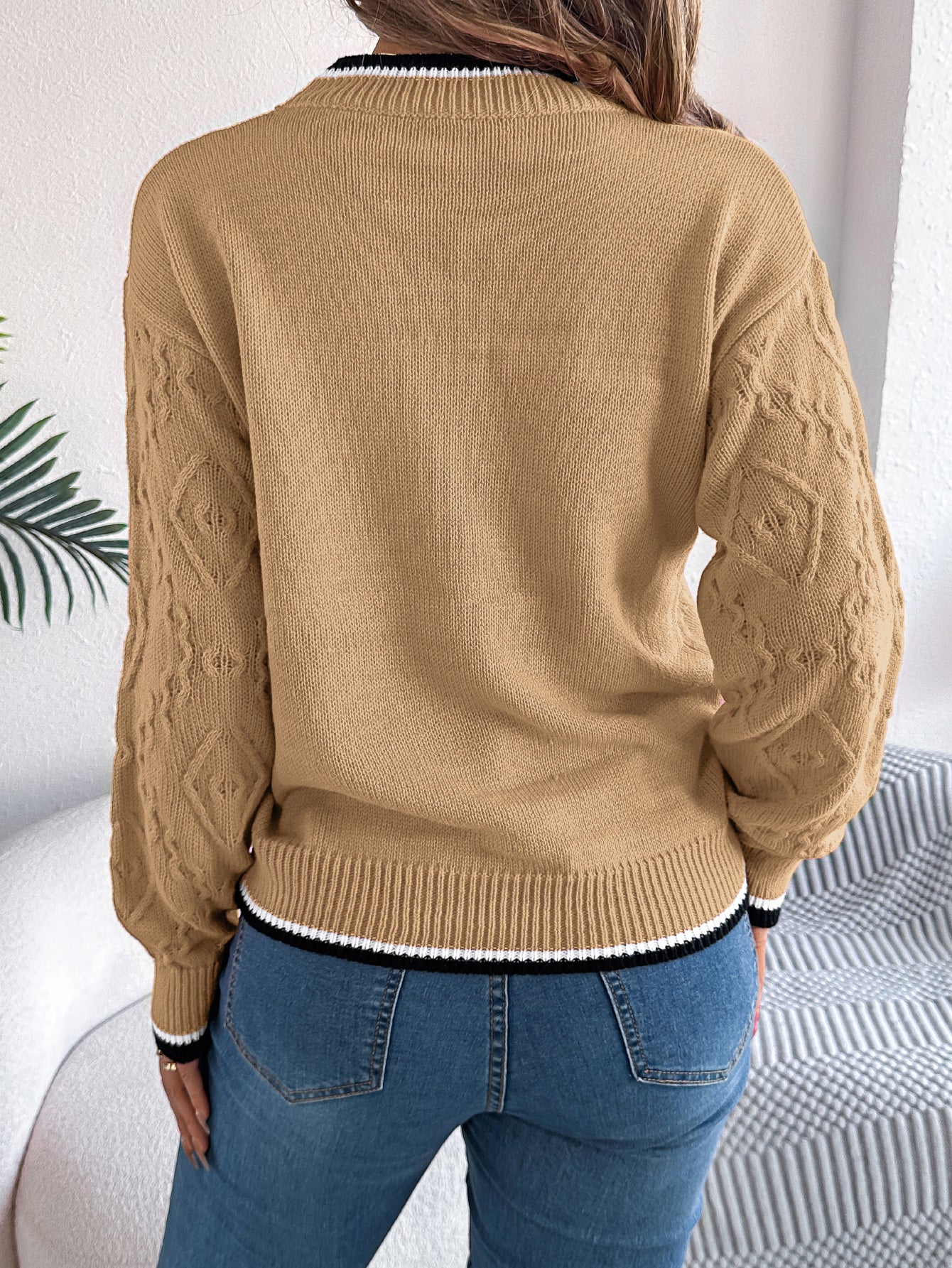 Women Casual Color Block Cable Knit Long Sleeve Pullover Sweater