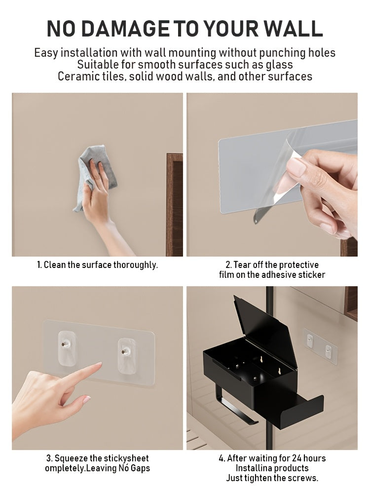 1pc Wrought Iron Bathroom Tissue Holder with Shelf - Self-Adhesive Wall Mounted Toilet Paper Roll Dispenser, Non-Drilling Installation, Multi-Functional Storage for Wet Wipes and Phone, Home Decor