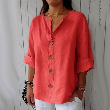 Loose-fit Women's V-neck Cotton-Linen Button T-shirt Top