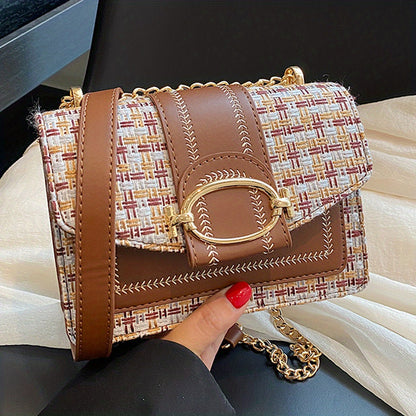 Elegant Plaid Tweed Crossbody Bag – Lightweight Chain Shoulder Purse with Adjustable Strap, Magnetic Buckle Closure, and Leather Lining for Stylish Everyday Use