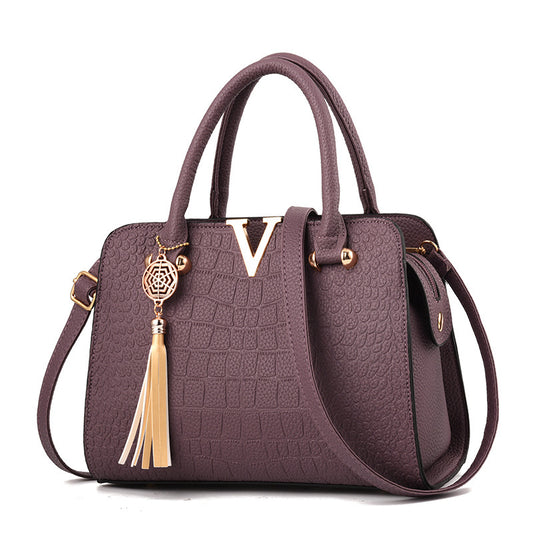 Crocodile Pattern Satchel Bag, Tassel Decor Double Handle Purse, Women's Shoulder Bag For Work