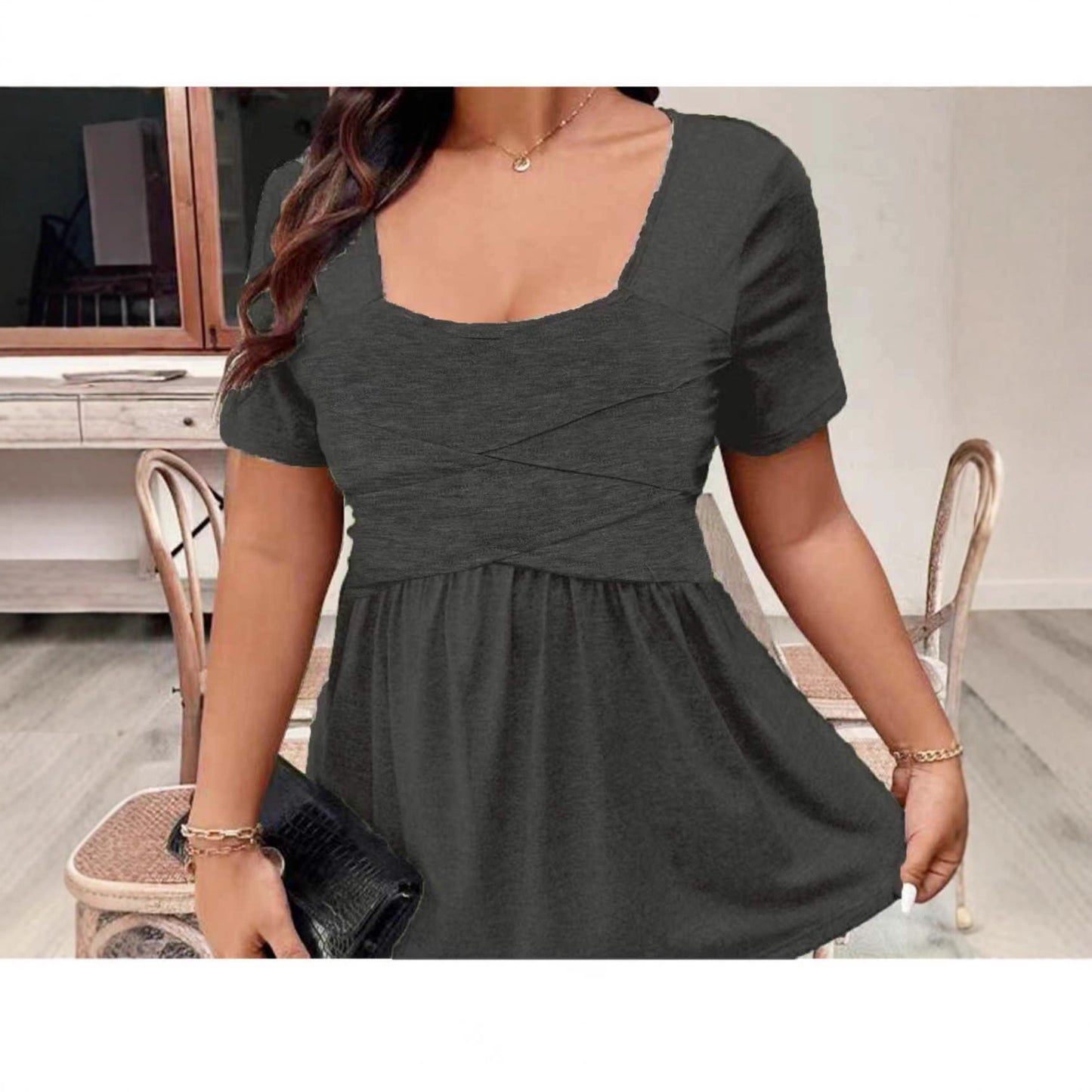 Solid-color Square-neck Front-cross-strap Short-sleeve Casual T-shirt