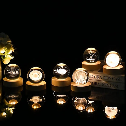 3D Crystal Ball Night Light - USB Powered Projection Lamp with Wooden Base | Moon, Ferris Wheel & Forest Designs