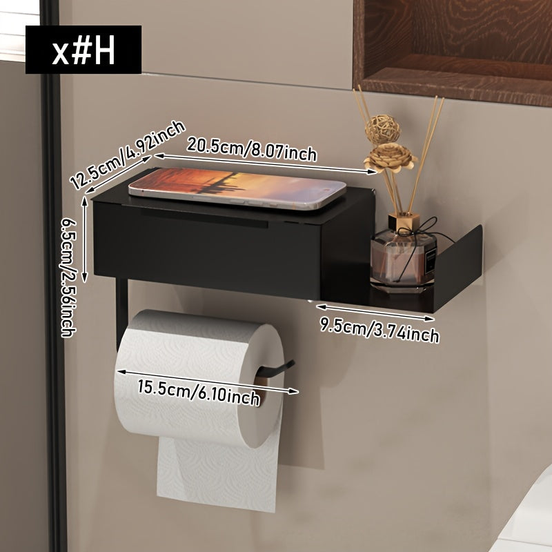 1pc Wrought Iron Bathroom Tissue Holder with Shelf - Self-Adhesive Wall Mounted Toilet Paper Roll Dispenser, Non-Drilling Installation, Multi-Functional Storage for Wet Wipes and Phone, Home Decor