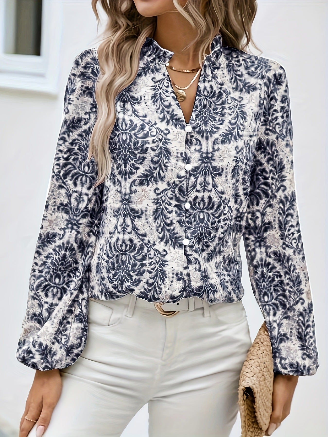 Full Print Lantern Sleeve Ruffled Trim Shirt