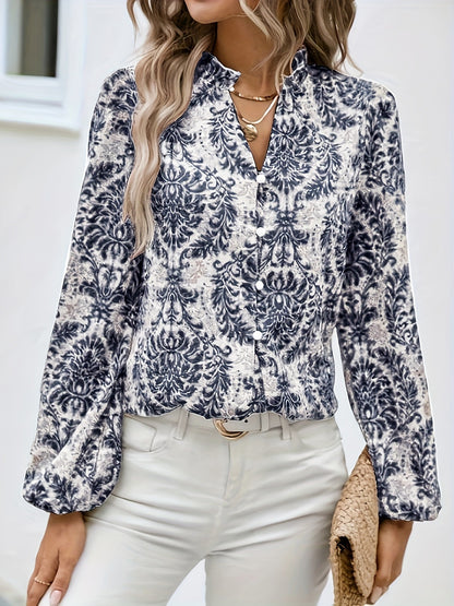 Full Print Lantern Sleeve Ruffled Trim Shirt