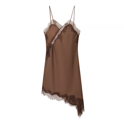 Silk Texture Sexy Lace Asymmetric Sling Dress