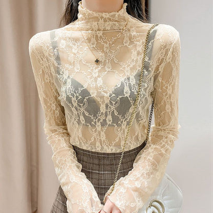 Sheer Mesh Top With Wood-ear Neckline And Mesh Fabric