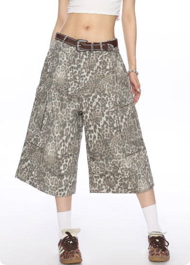 Leopard Print Cargo Denim Capri Pants For Women Summer