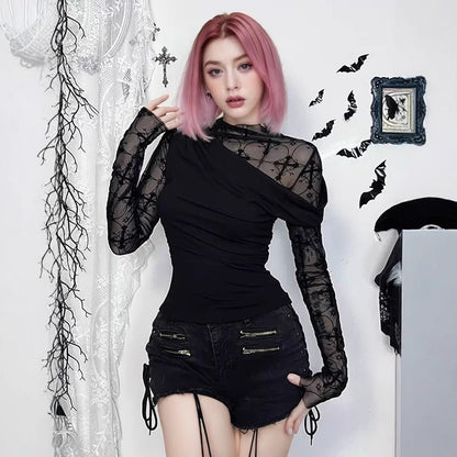 Womens Lace Bodycon Patchwork Hollow Long-Sleeve Top